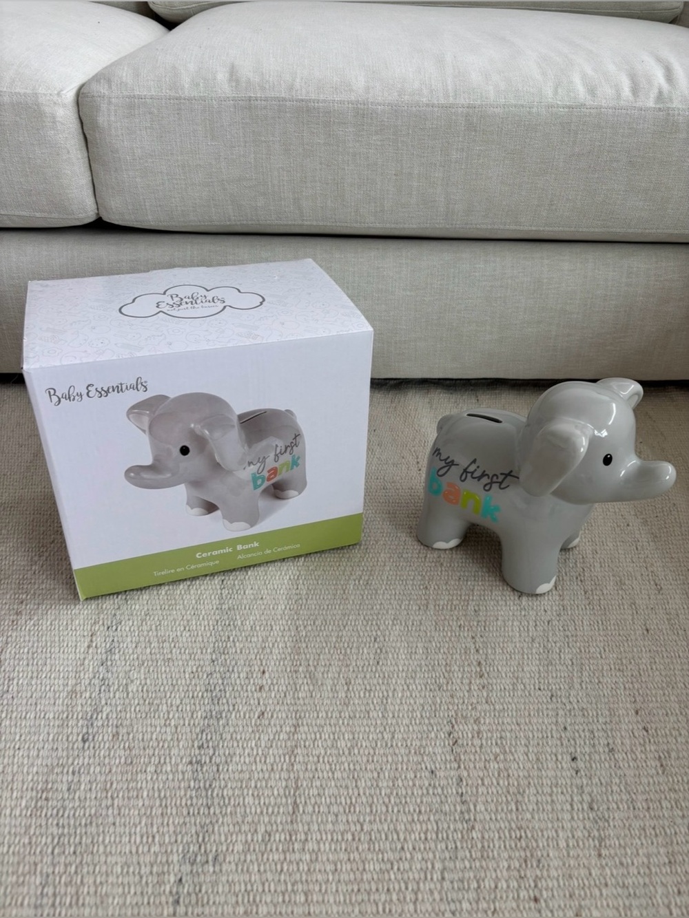 | BNIB | Baby Essentials | Gray Ceramic Elephant 'My First Bank' Piggy Bank